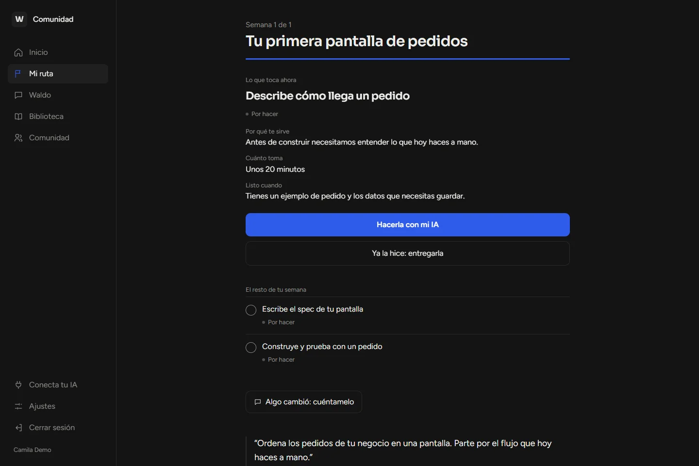 Ruta de un miembro en la plataforma incluida en la comunidad Chilsmart, con datos ficticios