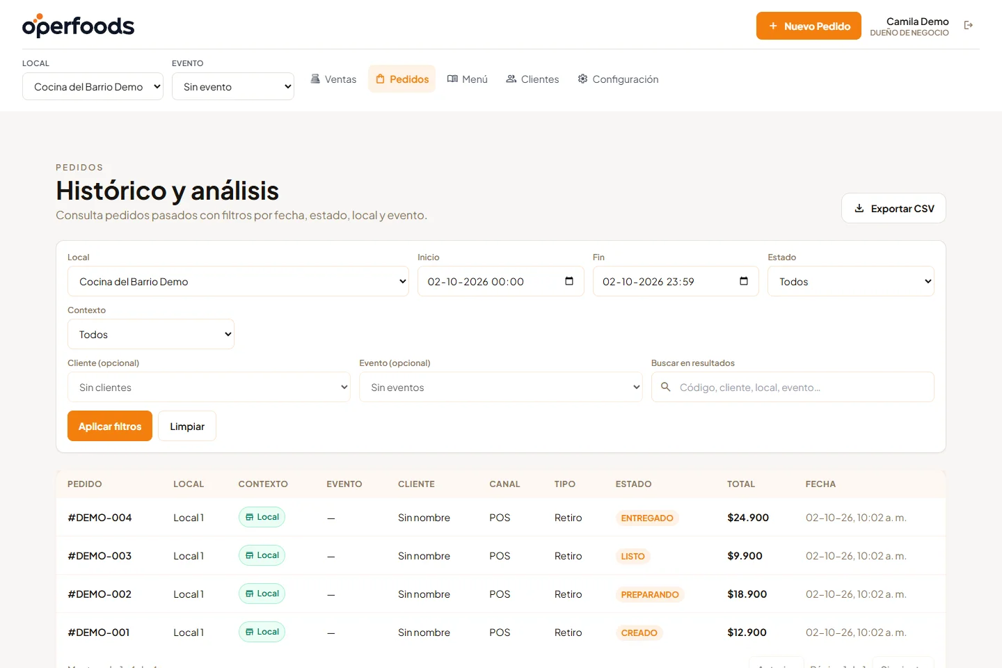 Operfoods: lista de pedidos con estados y totales de un local ficticio