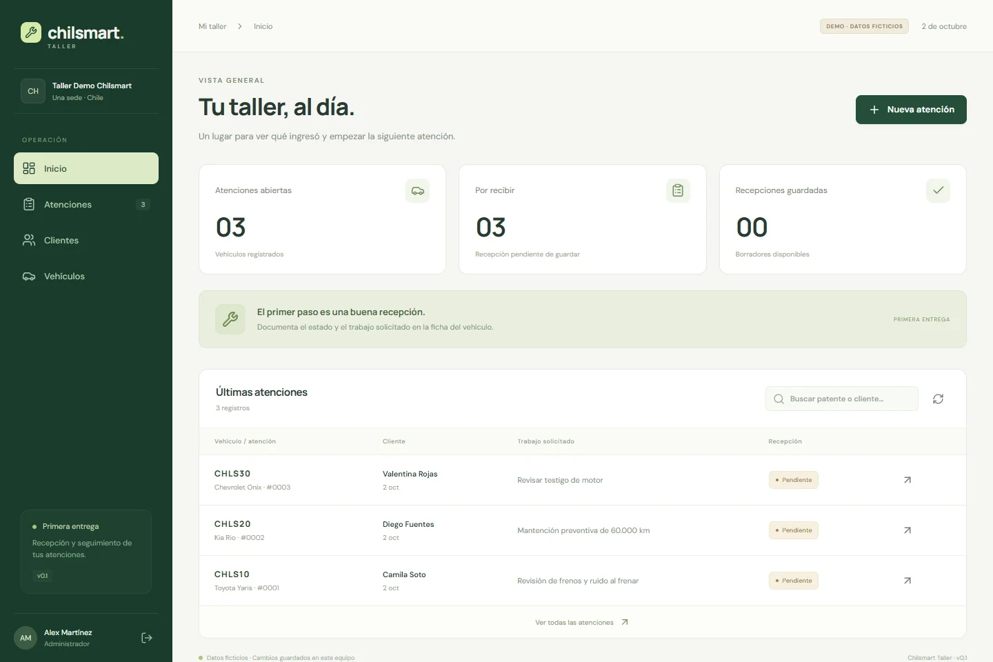 Demo de Chilsmart Taller con vehículos y atenciones; producto en desarrollo